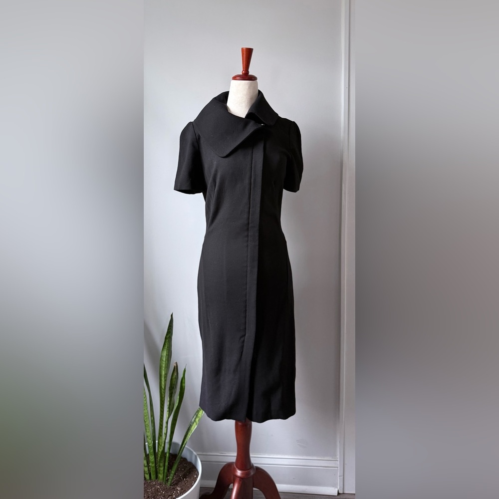 Gianfranco Ferré Vintage Black Dress Wide Structured Collar Wool Blend Tailored